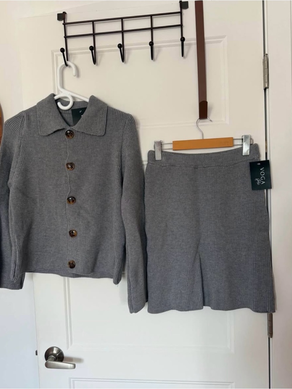 Voga Rib Knit Button-Up Cardigan & Skirt Set in Heather Gray